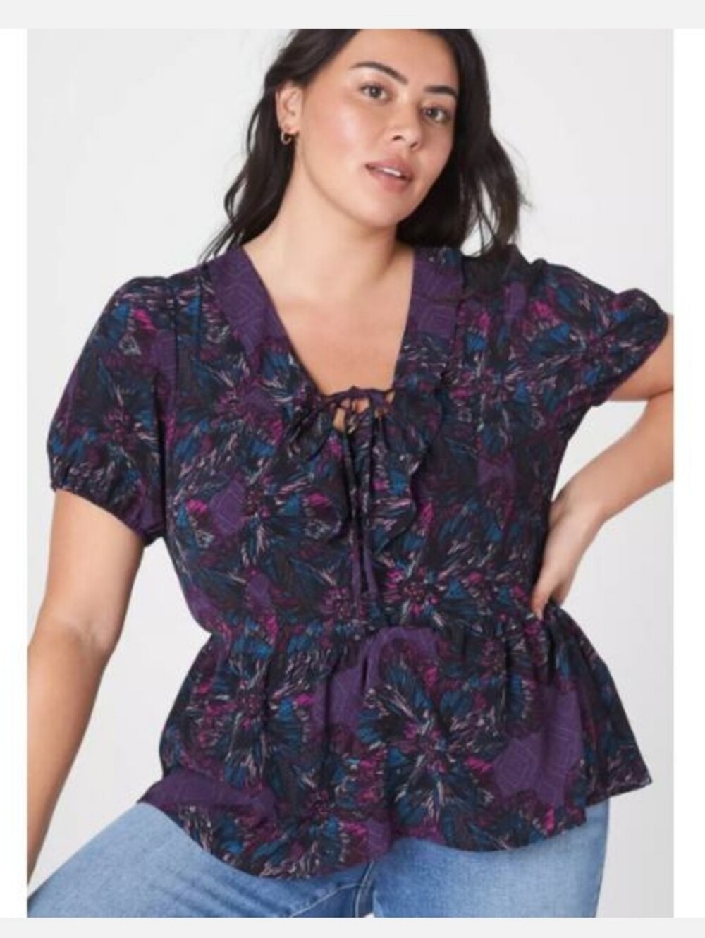 Lane Bryant Womens Plus Size 14 Purple Floral Ruffle Peplum Top